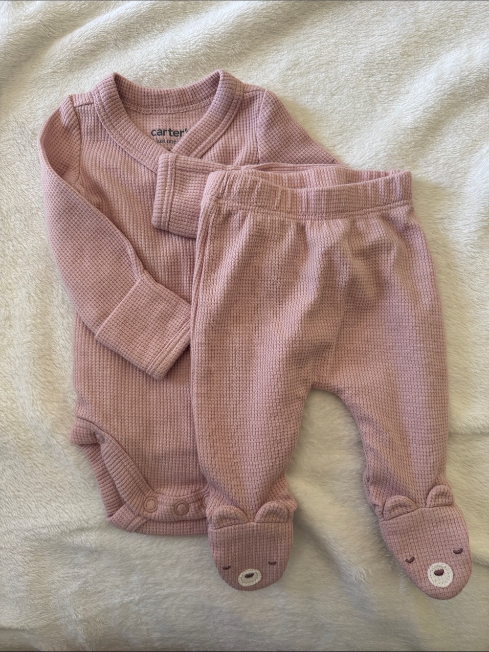 Carter's PREMIE Mauve Waffle-Knit Footed One-Piece Set with Bear Details